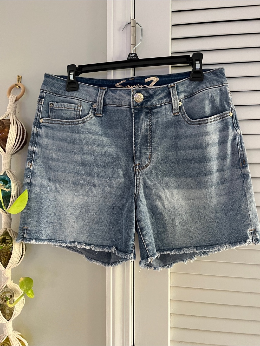 Seven7 Light Blue Frayed Hem Denim Shorts with embroidery